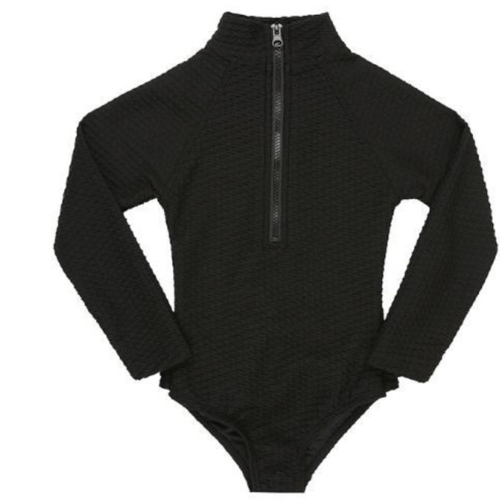 Infamous Swim Girls' Long-Sleeve One-Piece Swimsuit - Black
